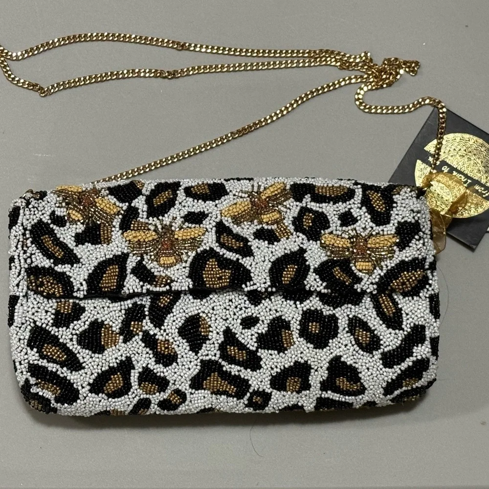 From India To You Beaded Leopard Print With Bees Crossbody/Clutch Bag - NWT